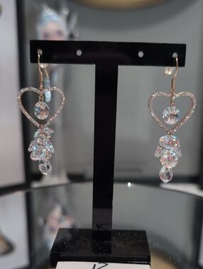 Statement Dangle Heart Earrings in a Rose Gold Embellished w/Swarovski Crystals